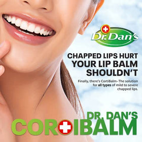 Dr. Dan's Cortibalm applied to lips demonstrating pain-relief and moisture