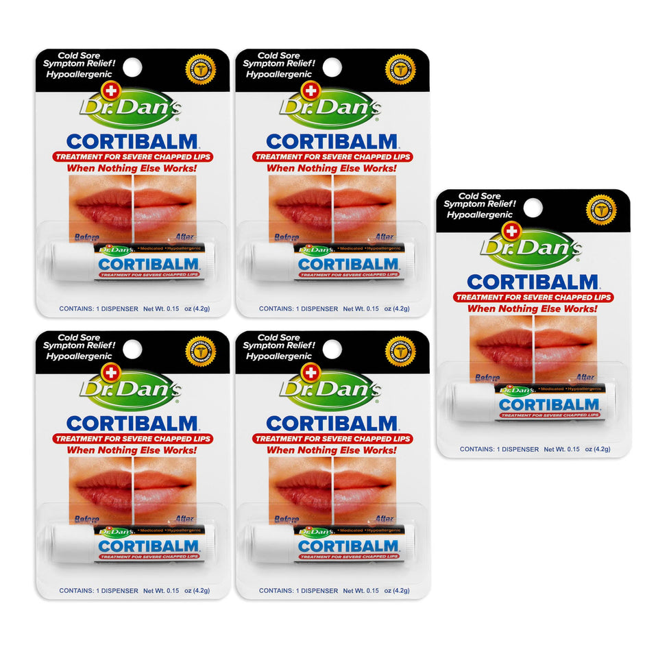 Dr. Dan's front packaging showing five Cortibalm tubes and clear purpose