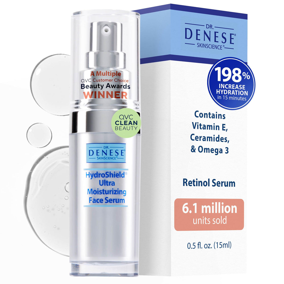 Dr. Denese front packaging showing HydroShield retinol serum for easy identification and travel convenience