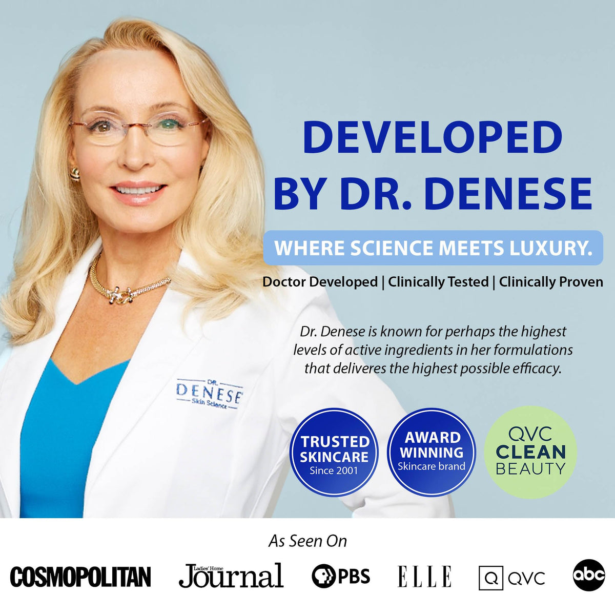 Dr. Denese bottle on bathroom vanity with towel, suggesting daily skincare ritual and luxury