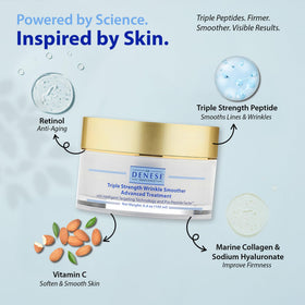 Dr. Denese ingredient visual with peptides and hyaluronic acid showing targeted smoothing benefit