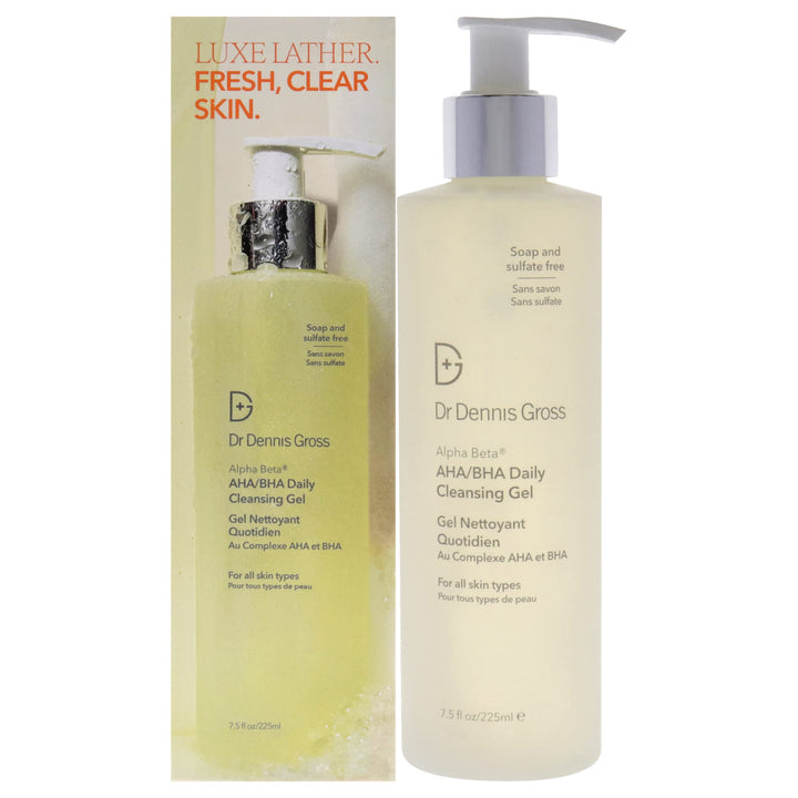 Dr Dennis Gross front packaging showing bottle and label, clear formulation benefit