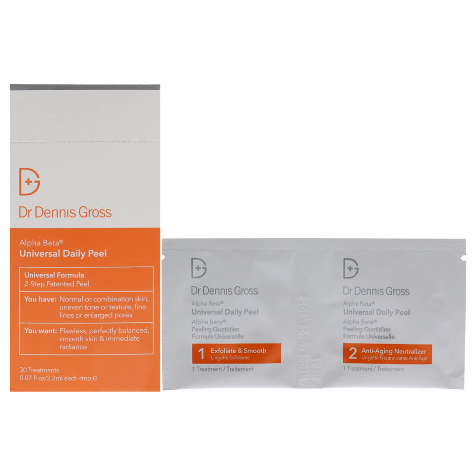 Dr Dennis Gross front packaging showing two-step peel and clean design for at-home results