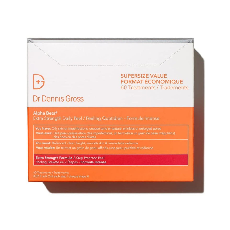 Dr Dennis Gross front packaging showing 60 two-step peel treatments for visible smoothing