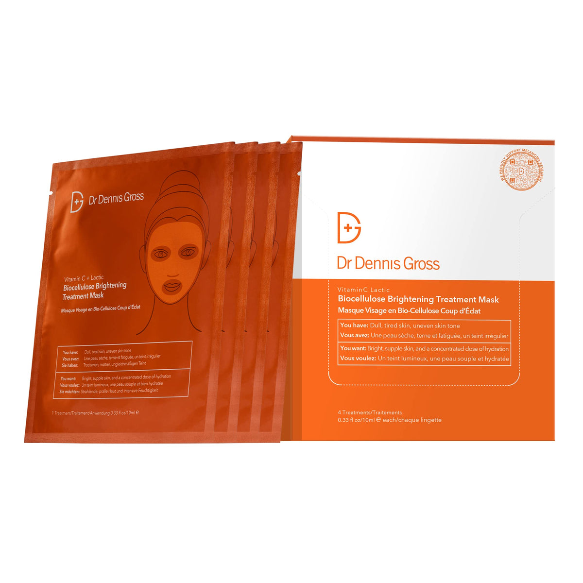 Dr Dennis Gross front packaging showing four brightening treatment masks and benefits