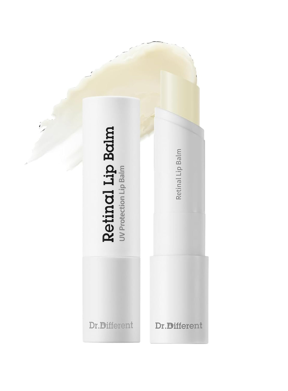 Dr.Different clear lip balm front view showing sleek packaging and travel-friendly size