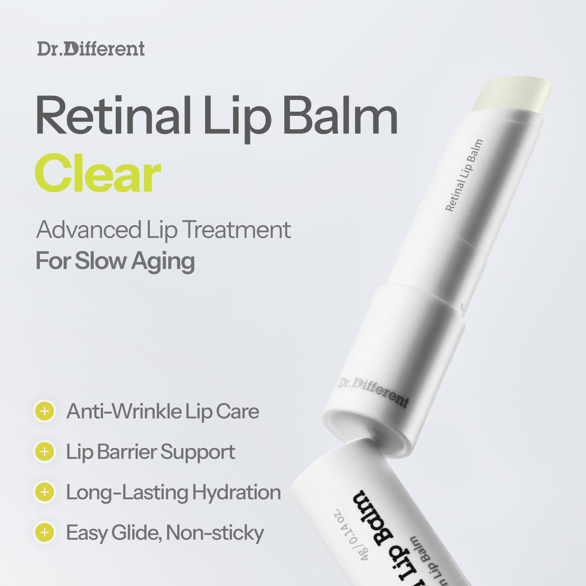 Dr.Different lip balm open applicator demonstrating smooth glide and easy application