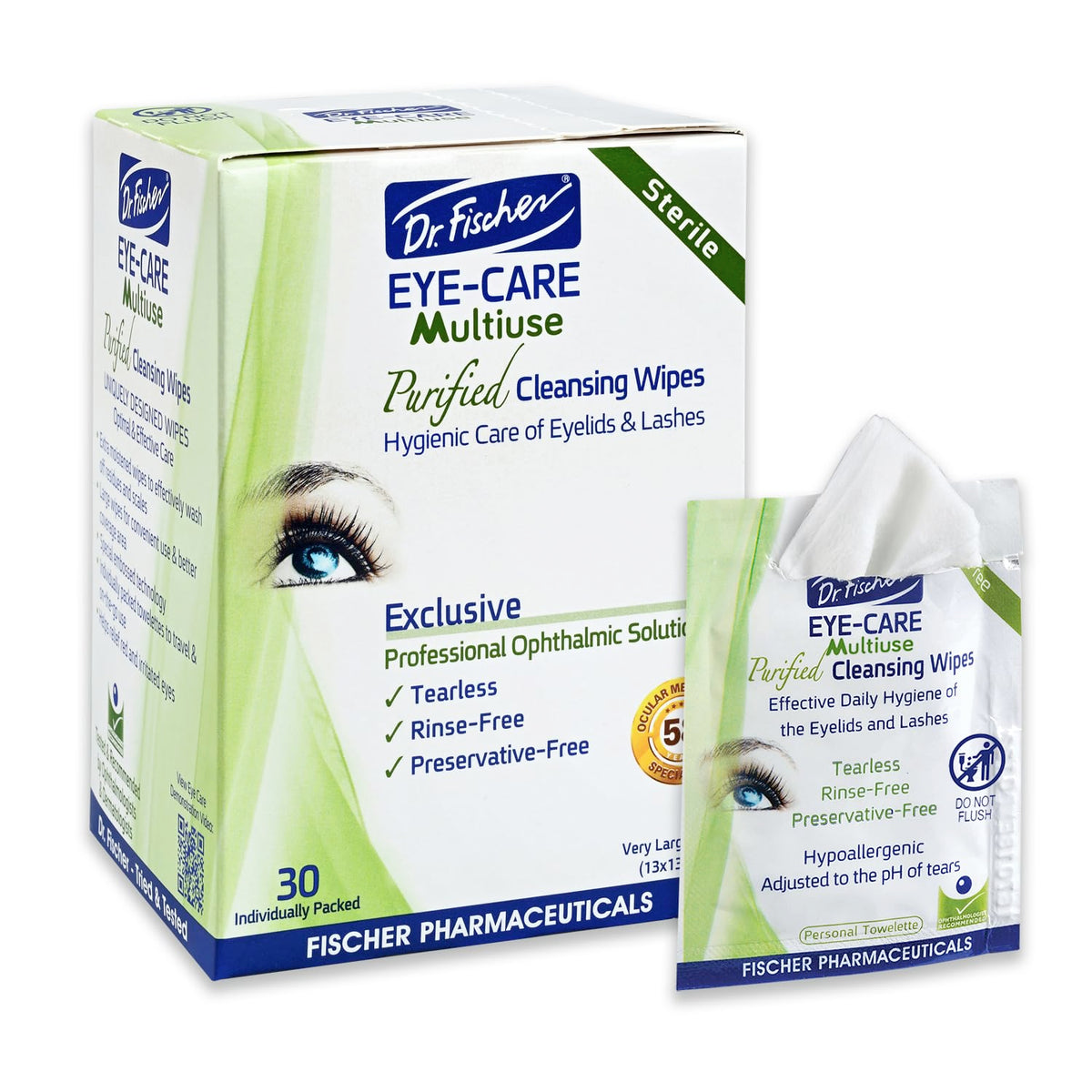 Dr. Fischer front packaging showing compact wipe pack and 30 count for convenience