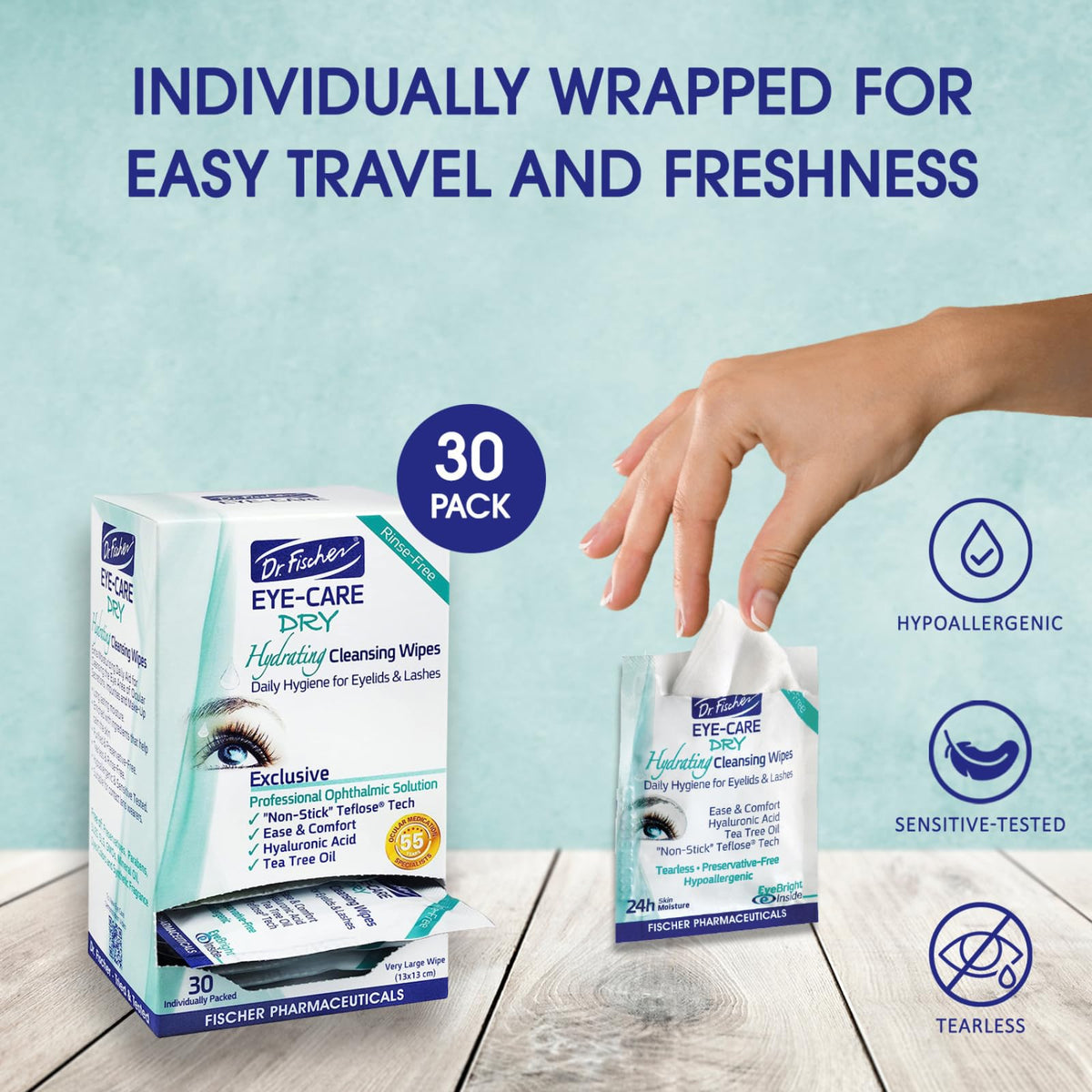 Dr. Fischer wipe in use on eyelid demonstrating gentle cleansing
