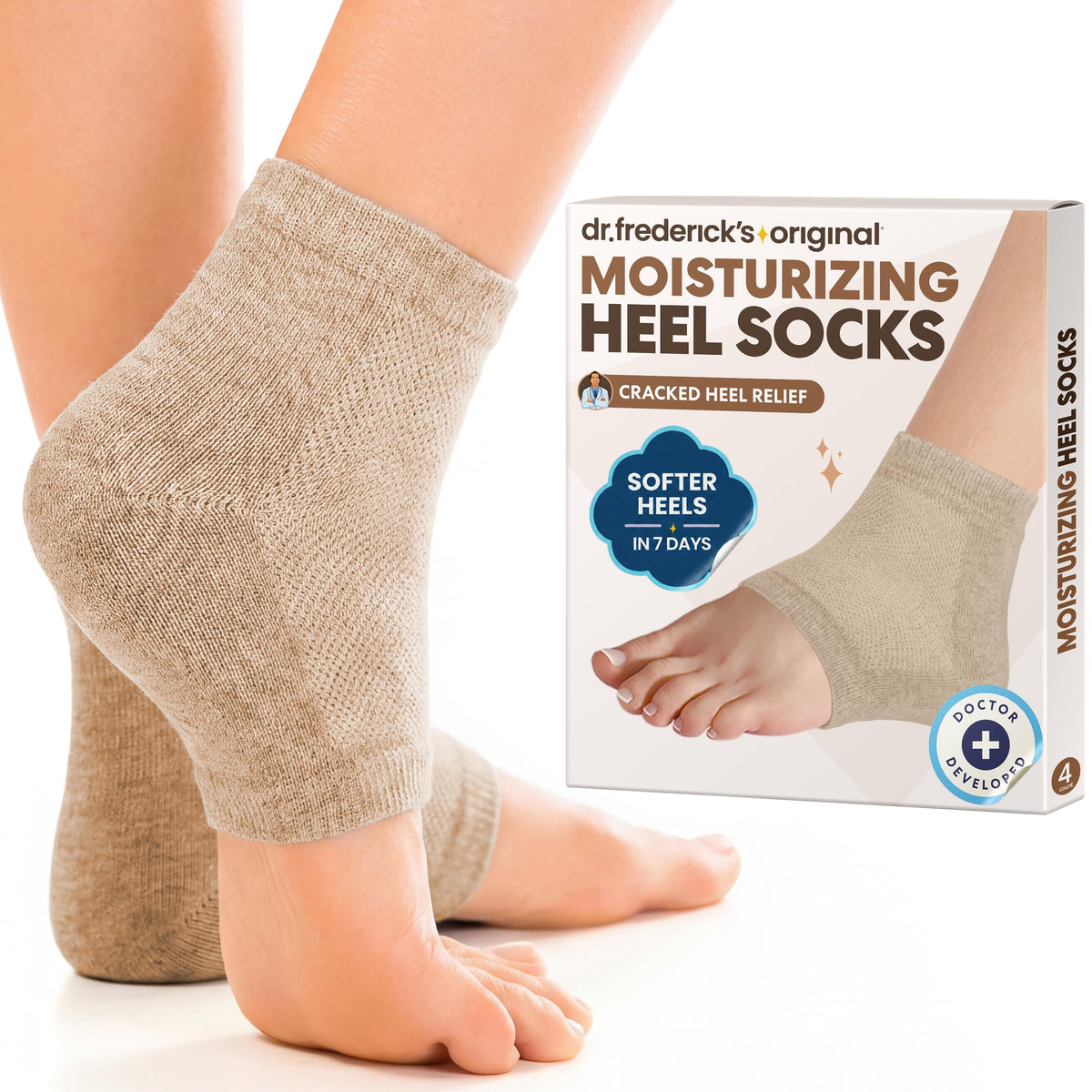Dr. Frederick's Original front packaging showing beige shea socks and benefit