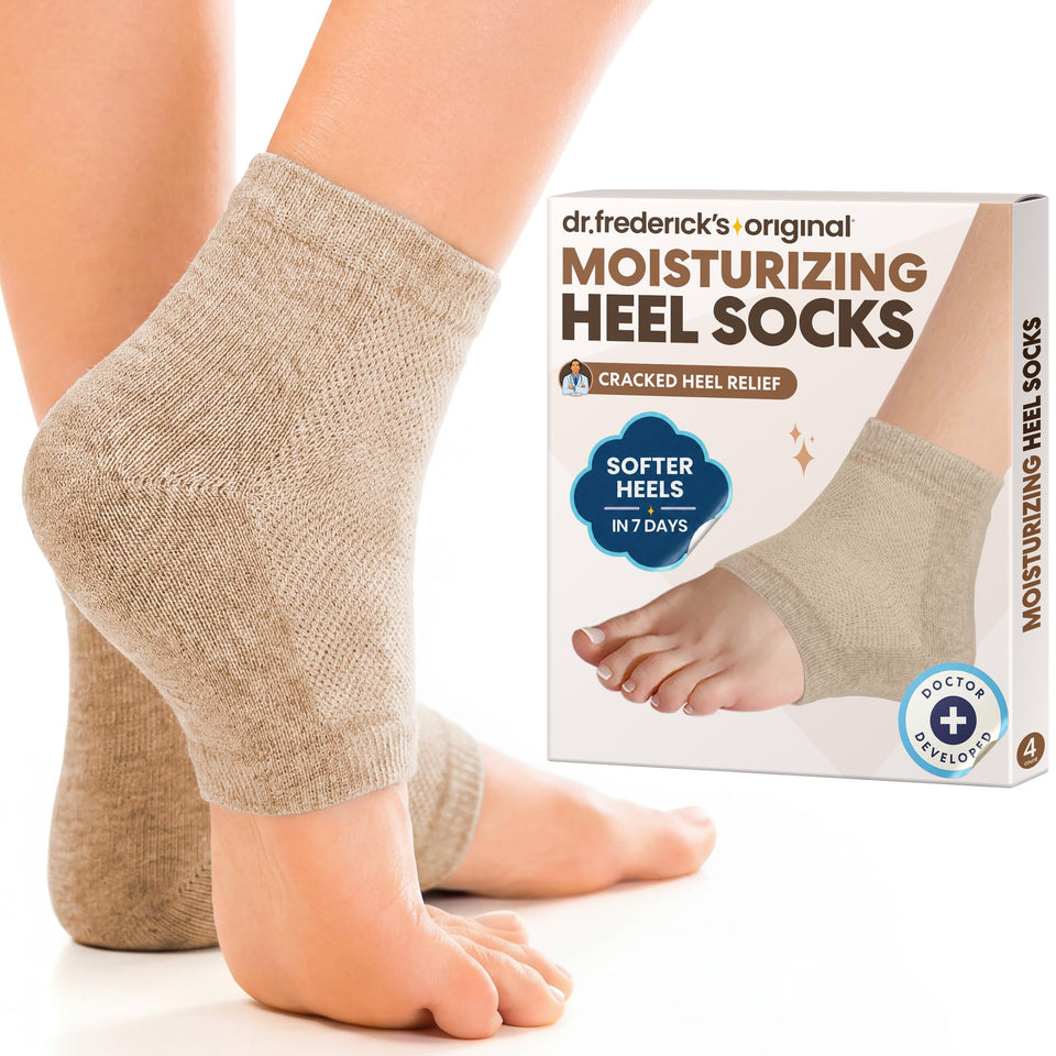 Dr. Frederick's Original front packaging showing beige shea socks and benefit