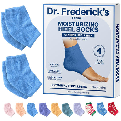 Dr. Frederick's front packaging showing two blue-haven moisturizing heel socks
