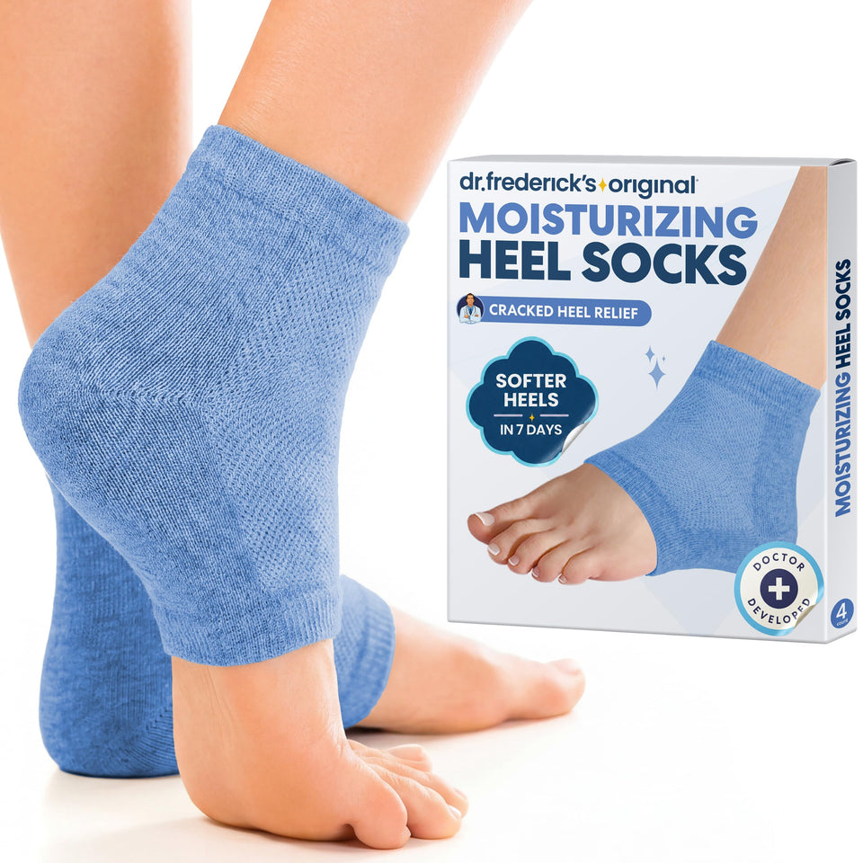 Dr. Frederick's front packaging showing two blue jojoba gel socks and benefits