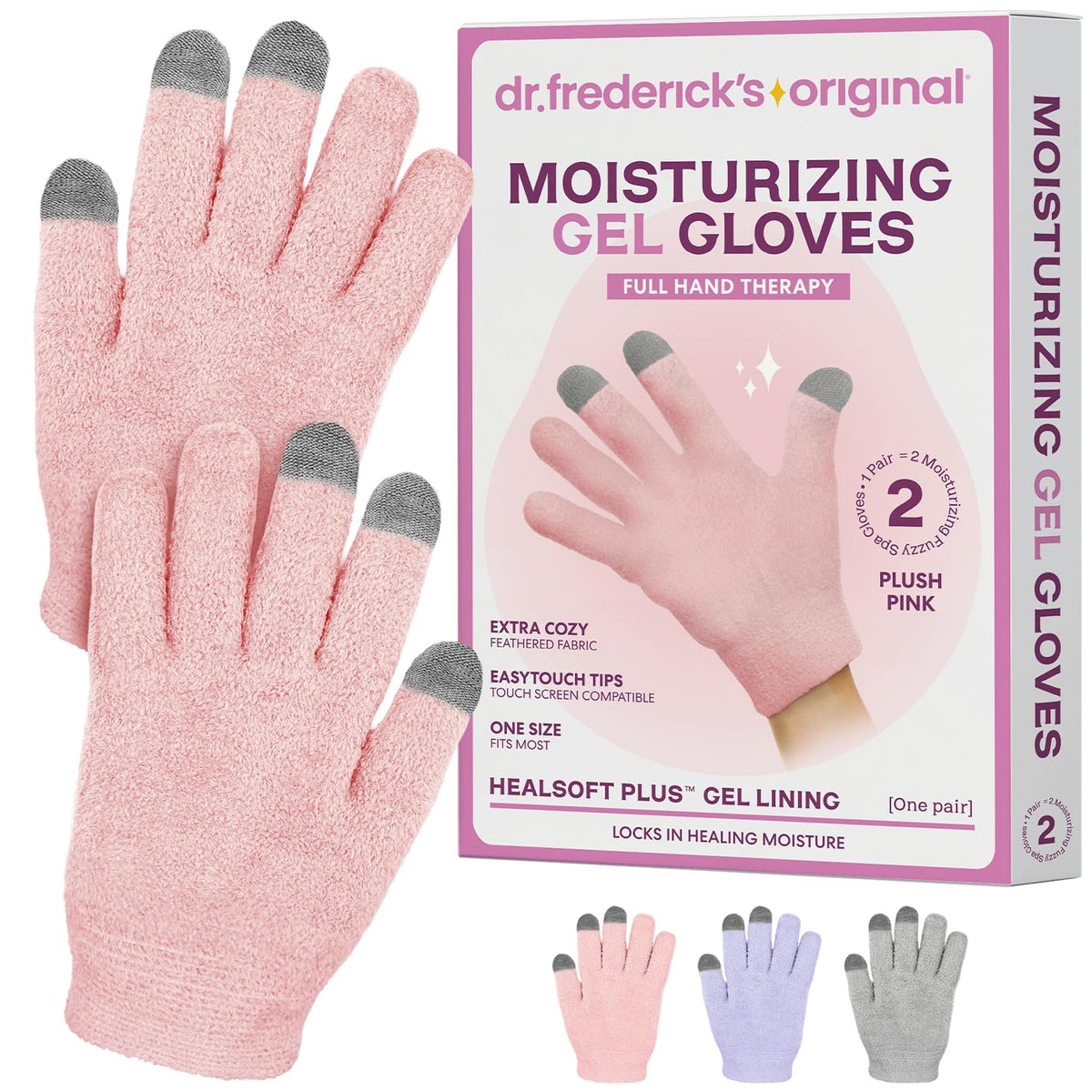 Dr. Frederick's front packaging showing plush pink gloves and benefits