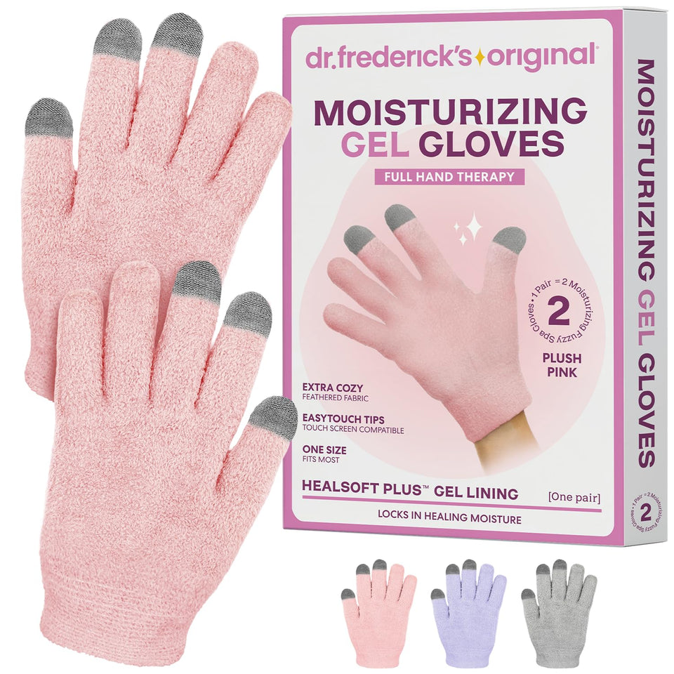 Dr. Frederick's front packaging showing plush pink gloves and benefits