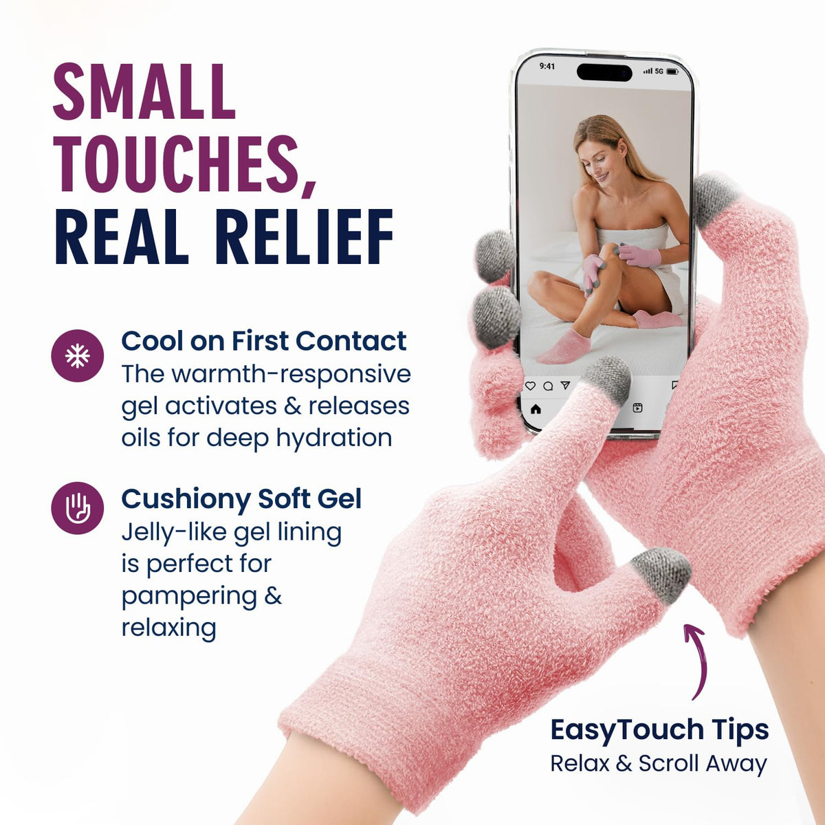 Dr. Frederick's gloves in use scrolling phone while hands hydrate