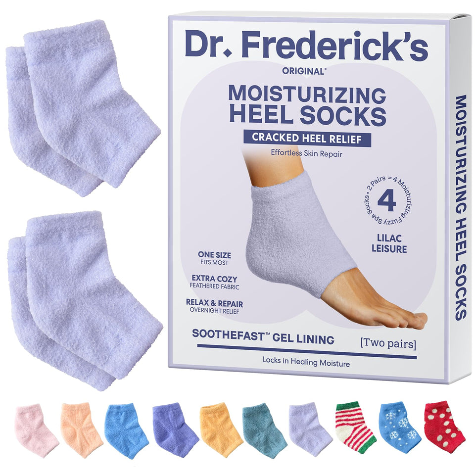Dr. Frederick's lilac heel socks front packaging showing color and pair benefit