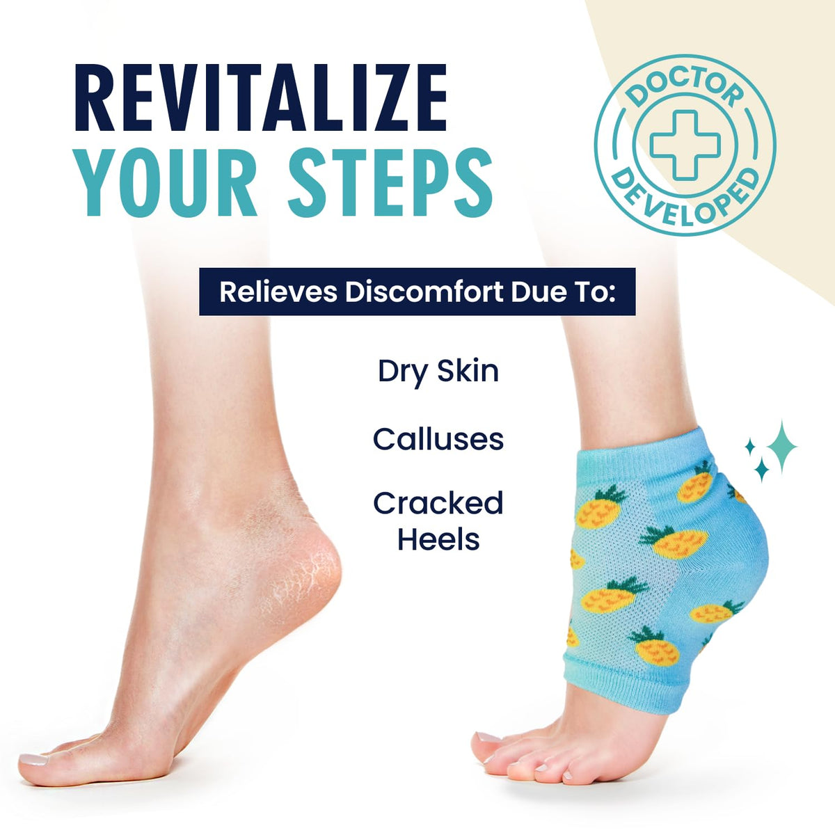 Dr. Frederick's Original pair worn on feet demonstrating easy overnight hydration