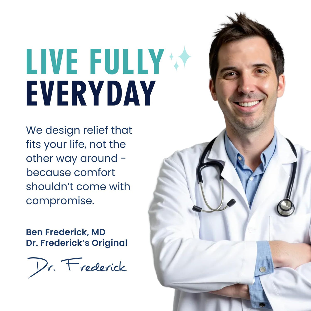 Dr. Frederick's socks beside hand showing size and fit advantage