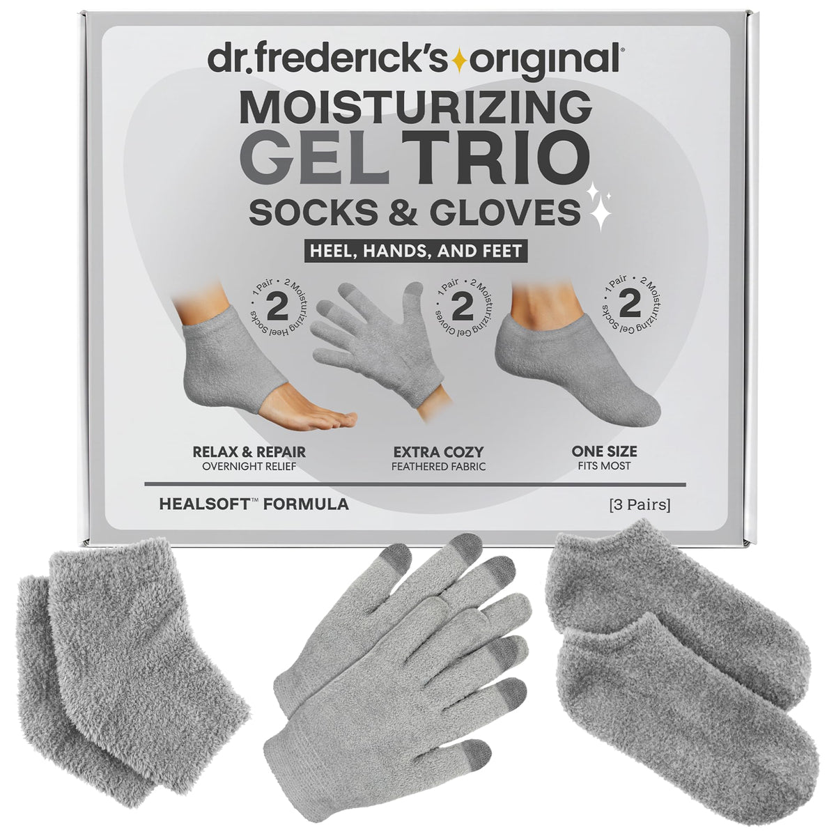 Dr. Frederick's front packaging showing the three-pair spa set and gift-ready box benefit: easy gift giving