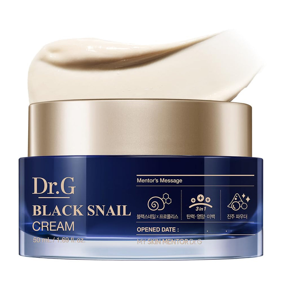 Dr. G black snail cream jar front view shows compact travel-friendly packaging and brand clarity