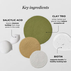 Dr. Groot clay ingredients flatlay showing three clays and natural oil benefits