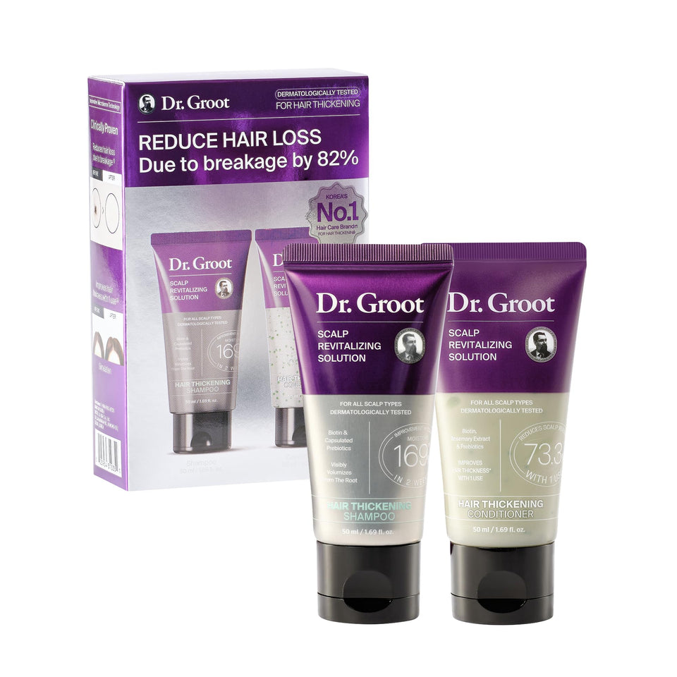 Dr. Groot travel set front packaging showing compact convenience and volume boost