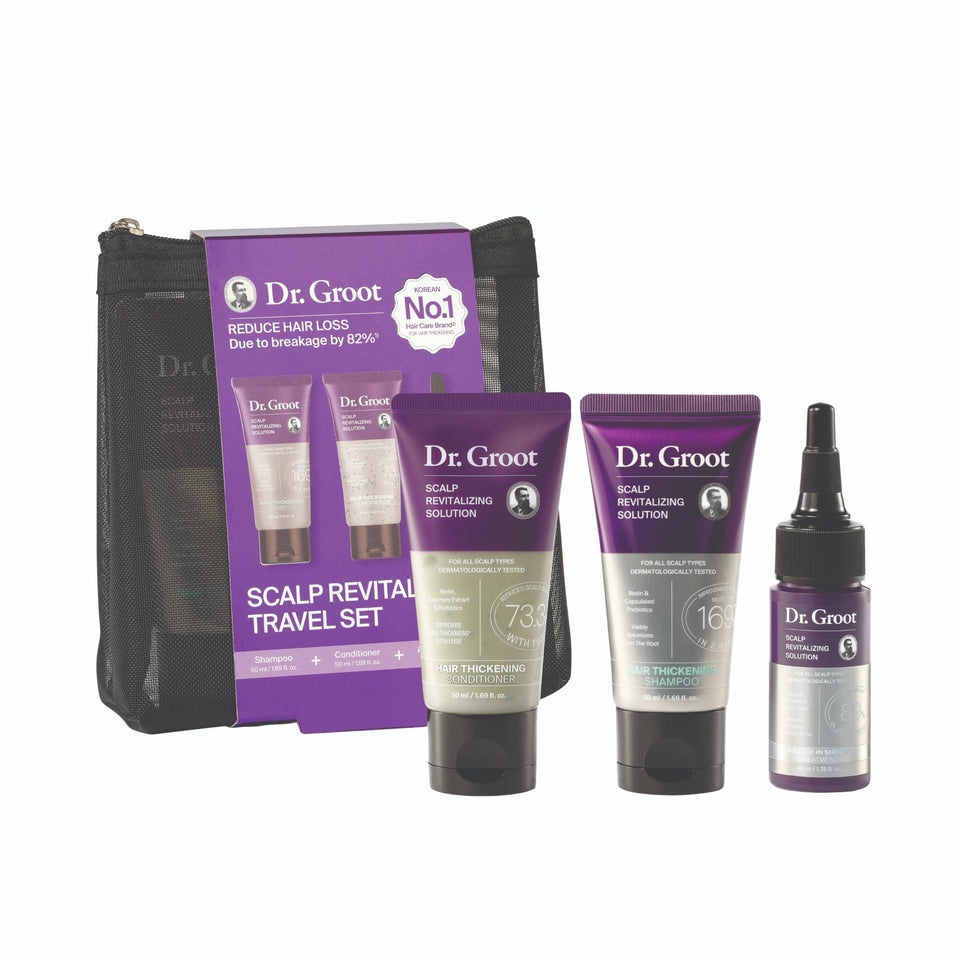 Dr. Groot travel set front packaging showing compact four-piece kit and benefits