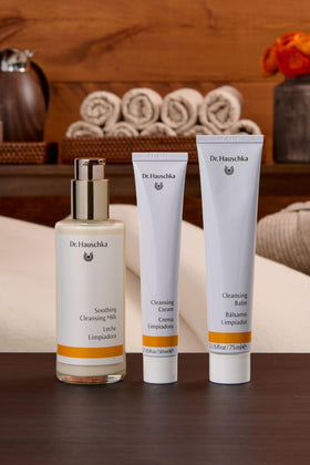 Dr. Hauschka bottle beside plant illustrating calming, natural benefit