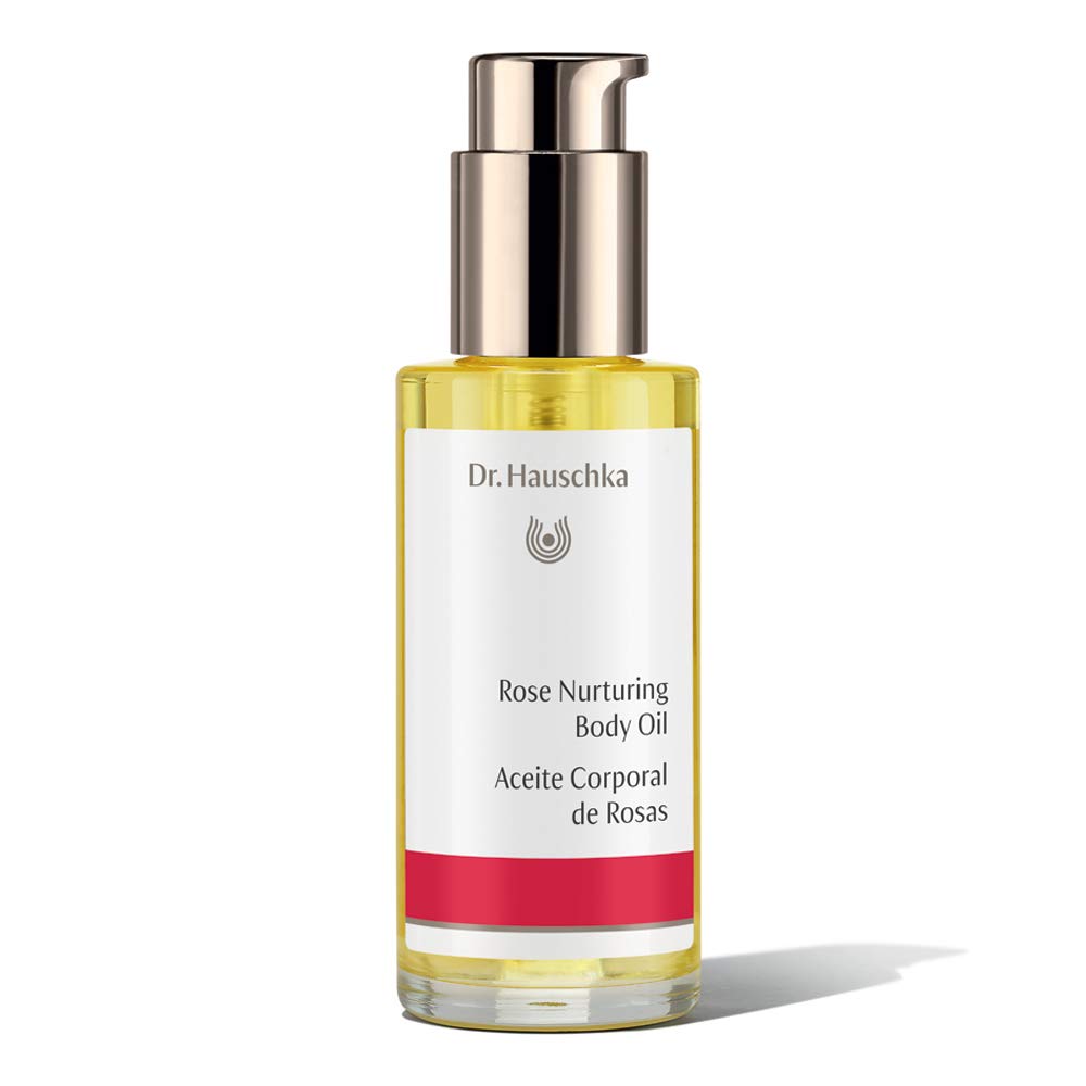 Dr. Hauschka front packaging shot showing bottle and rose oil benefit