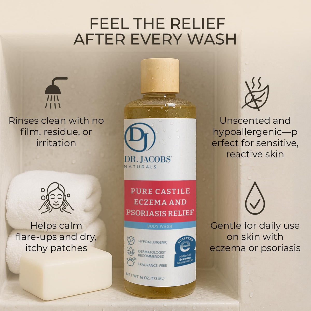 Dr. Jacobs Naturals bottle in shower scene demonstrating gentle daily use