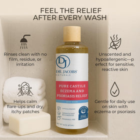 Dr. Jacobs Naturals bottle in shower scene demonstrating gentle daily use