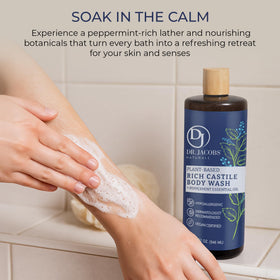 DR.JACOBS NATURALS foam on loofah illustrating rich lather and efficient cleansing
