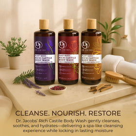 Dr. Jacobs Naturals bottle on bathroom shelf in lifestyle setting conveying spa-like calm