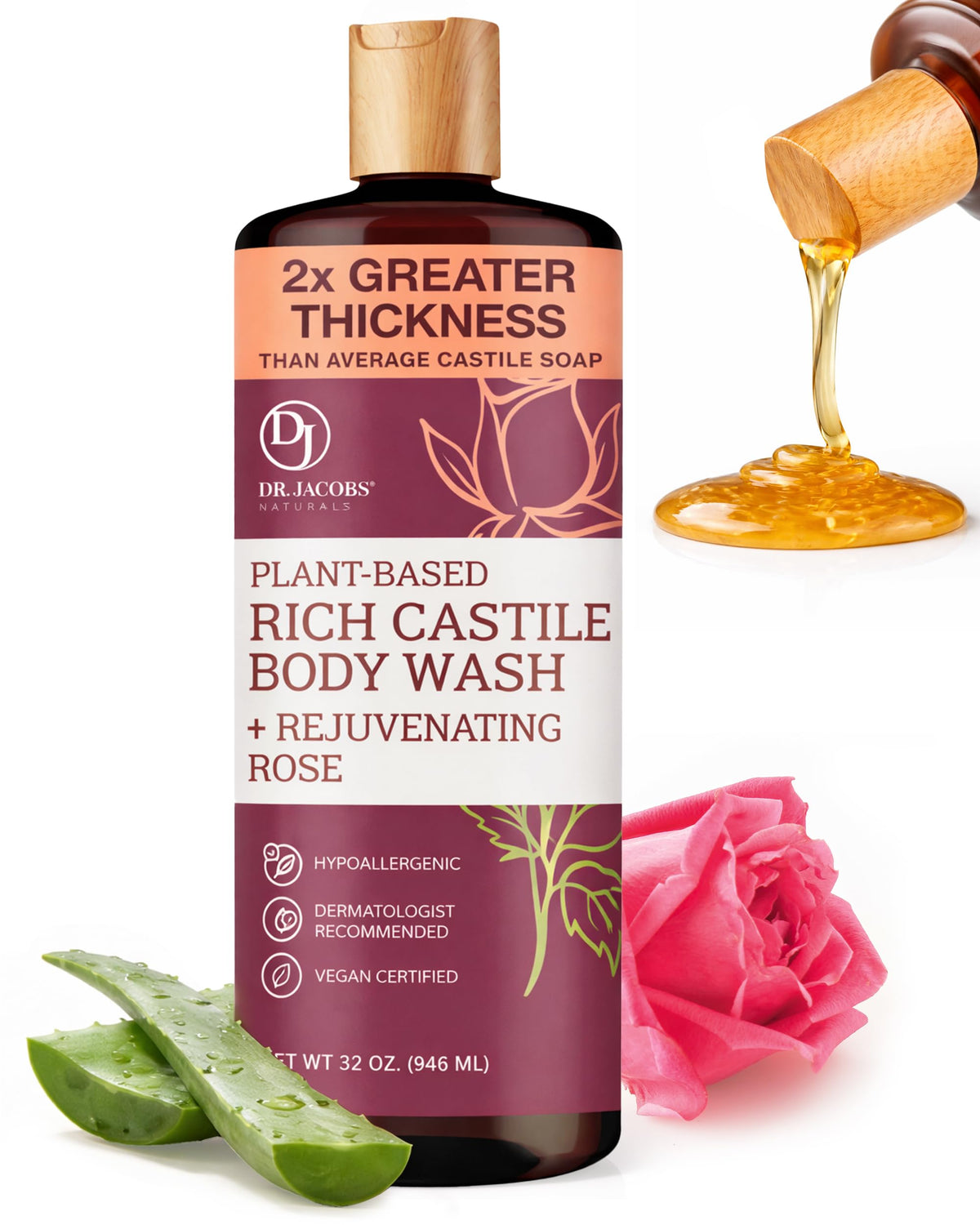 Dr. Jacobs Naturals front packaging showing rose body wash benefits
