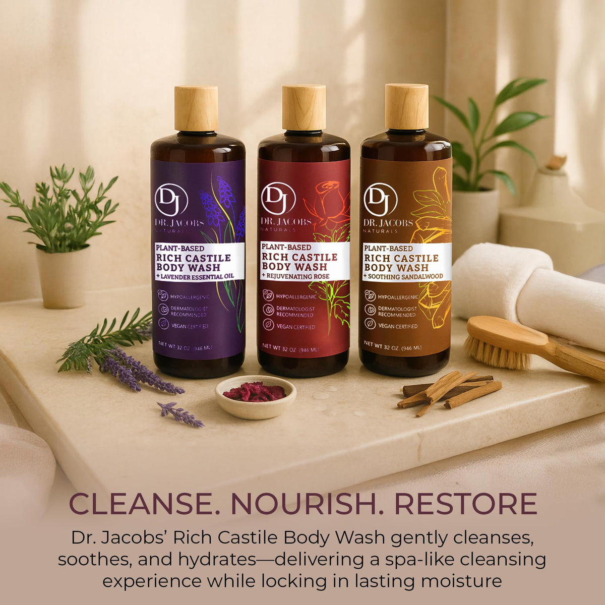 Dr. Jacobs Naturals rose body wash staged in bathroom for calming routine