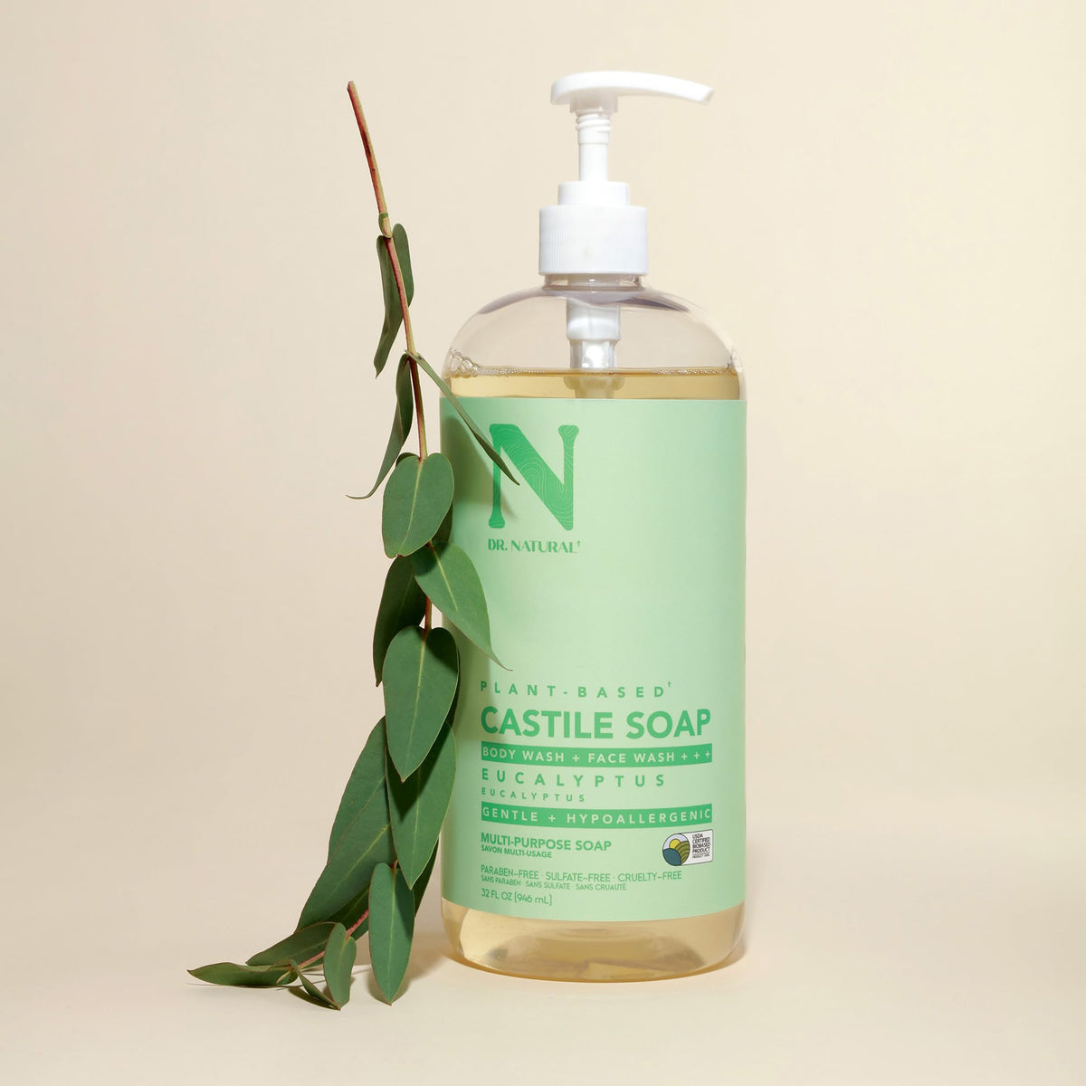 Dr. Natural bottle on bathroom shelf with towels showing eco-friendly lifestyle