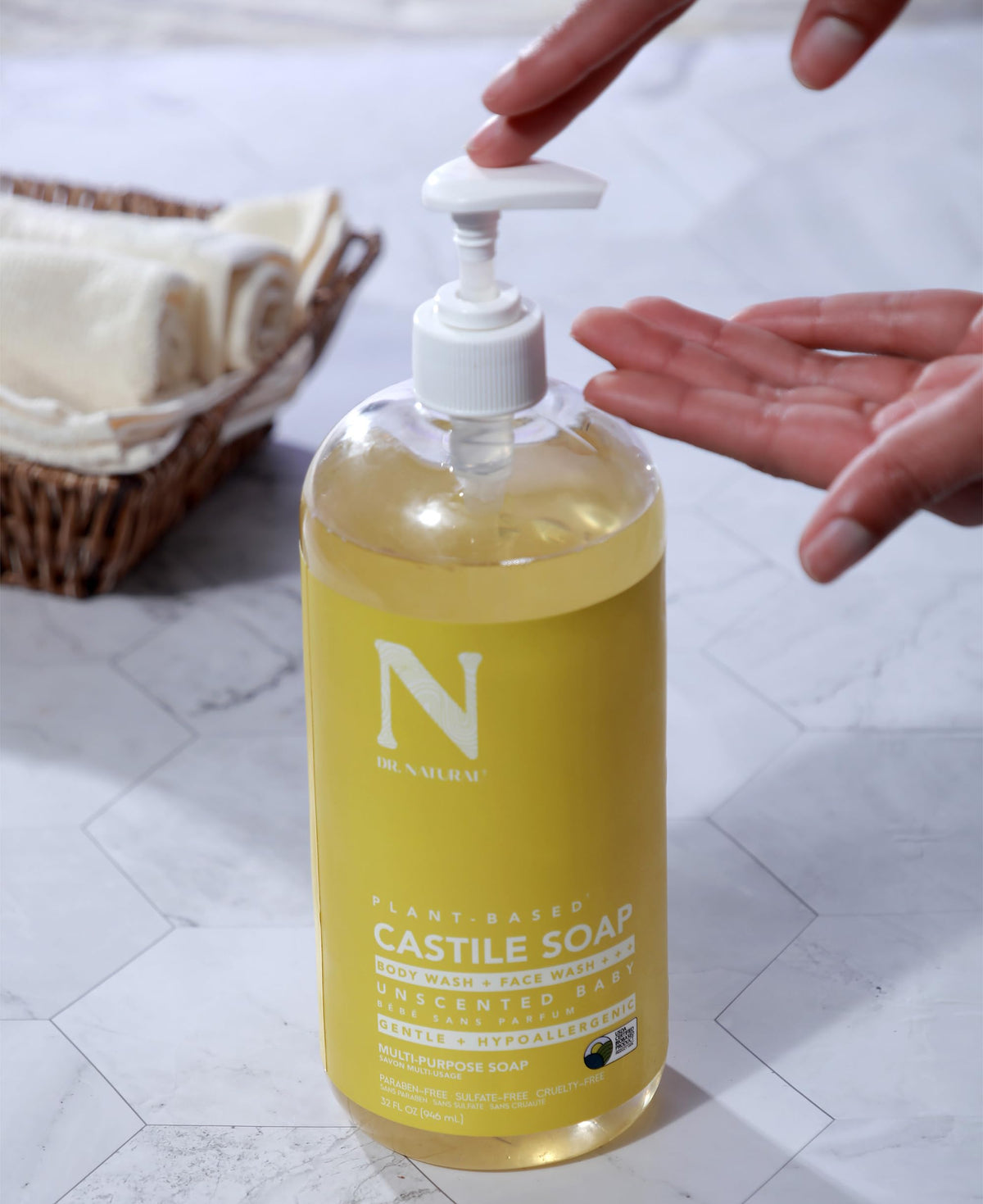 Dr. Natural refill pouring action showing convenient eco-friendly refill