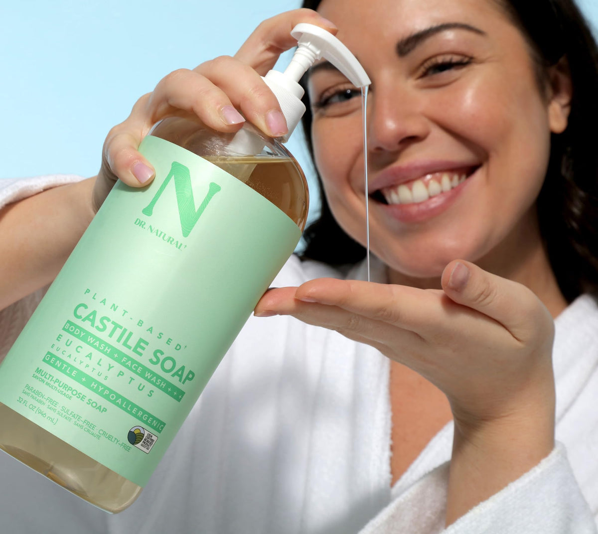 Dr. Natural shampoo in hands showing clarifying action and smooth rinse