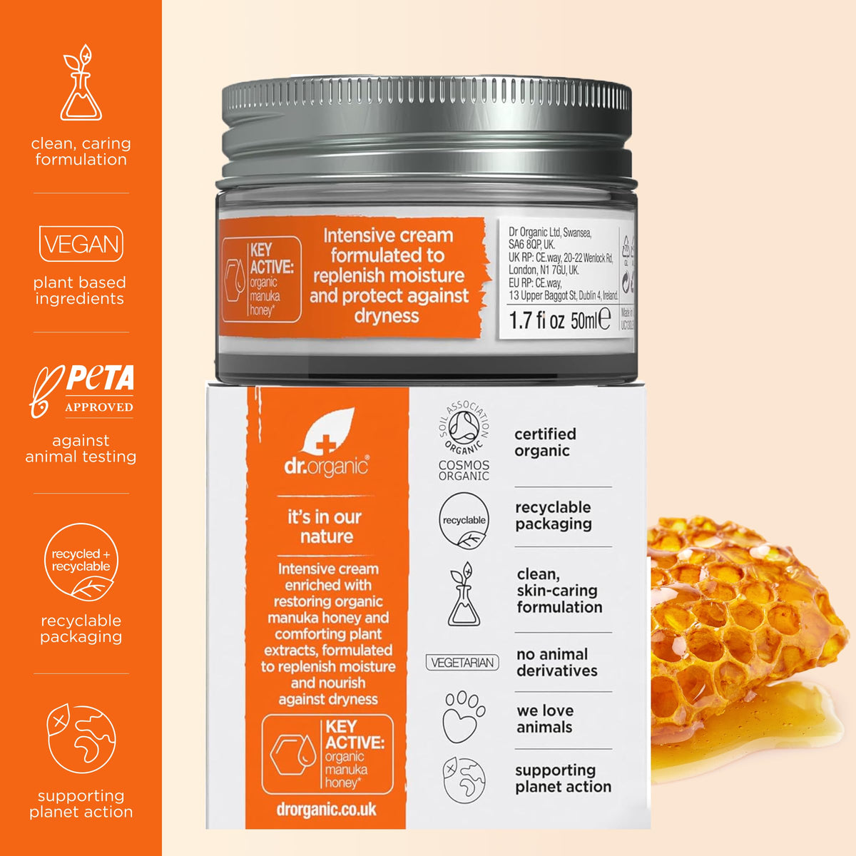 Dr. Organic Manuka honey ingredient jar highlighting natural antioxidants
