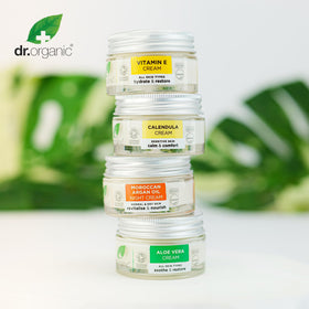 Dr. Organic jar on bathroom shelf suggesting daily skincare routine