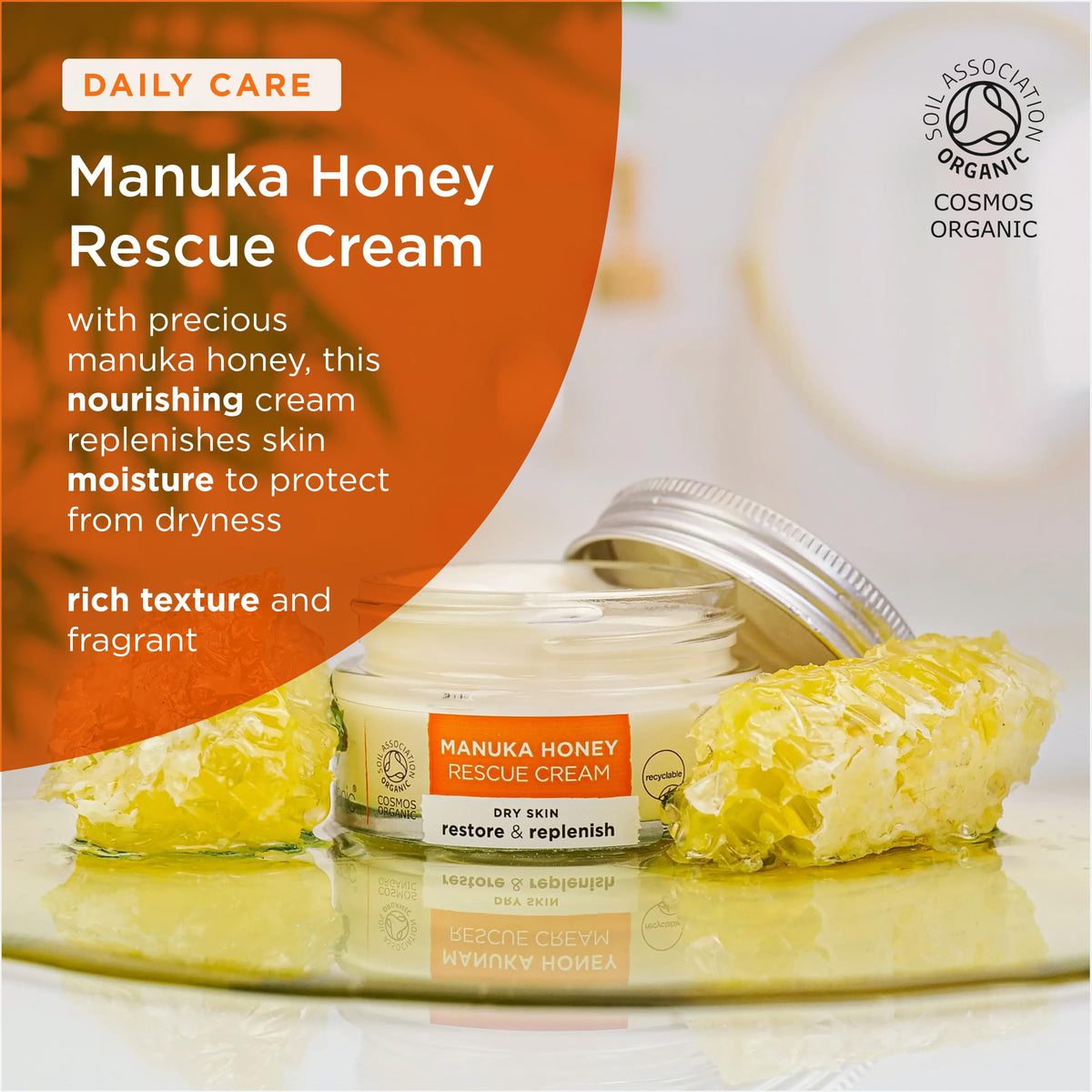 Dr. Organic open jar revealing creamy texture for deep hydration