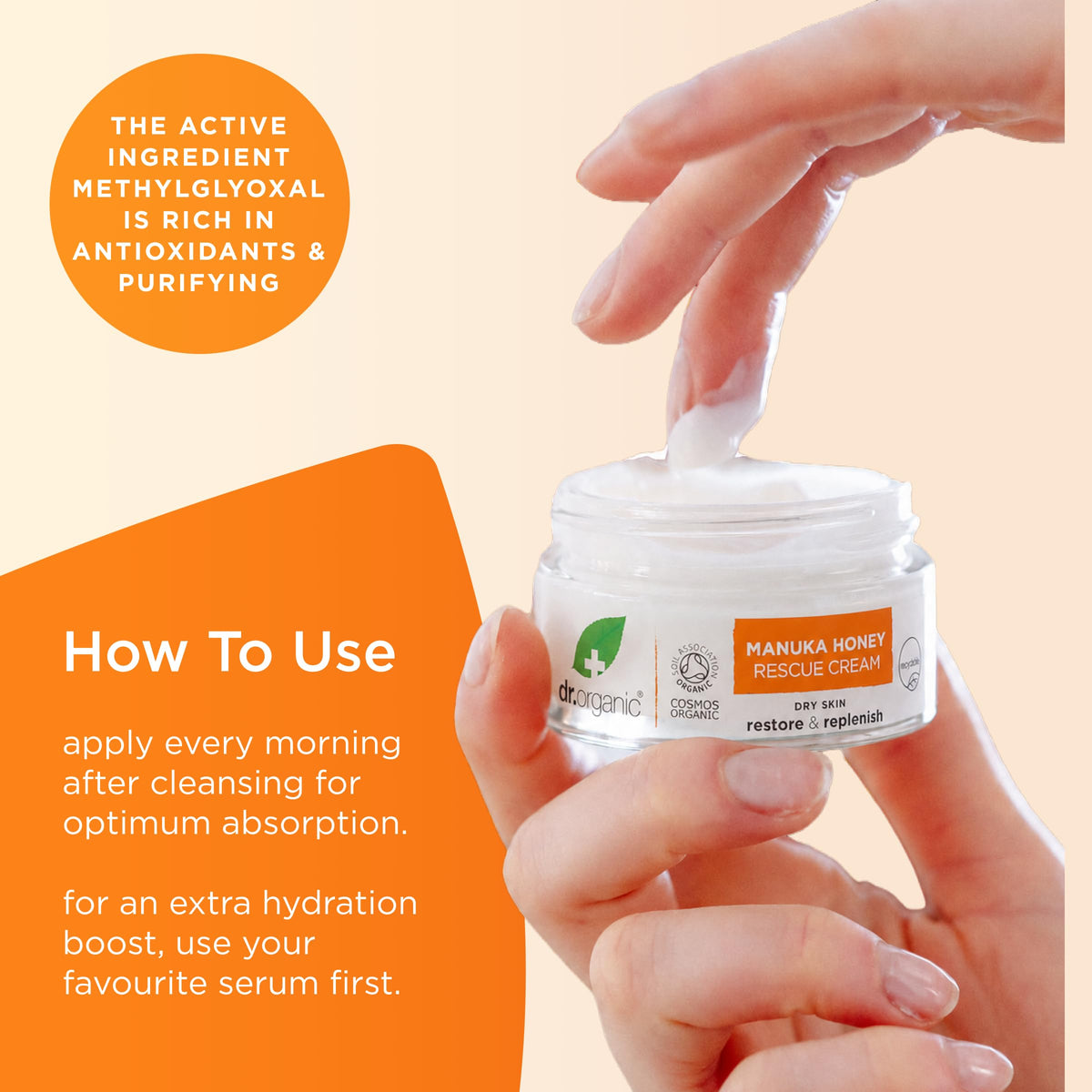 Dr. Organic cream held in hand showing 50ml size and portability