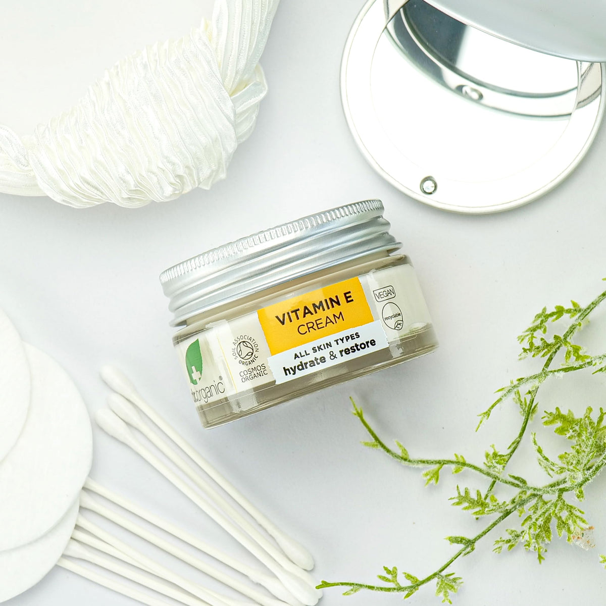 Dr. Organic jar staged on bathroom shelf showing daily skincare routine