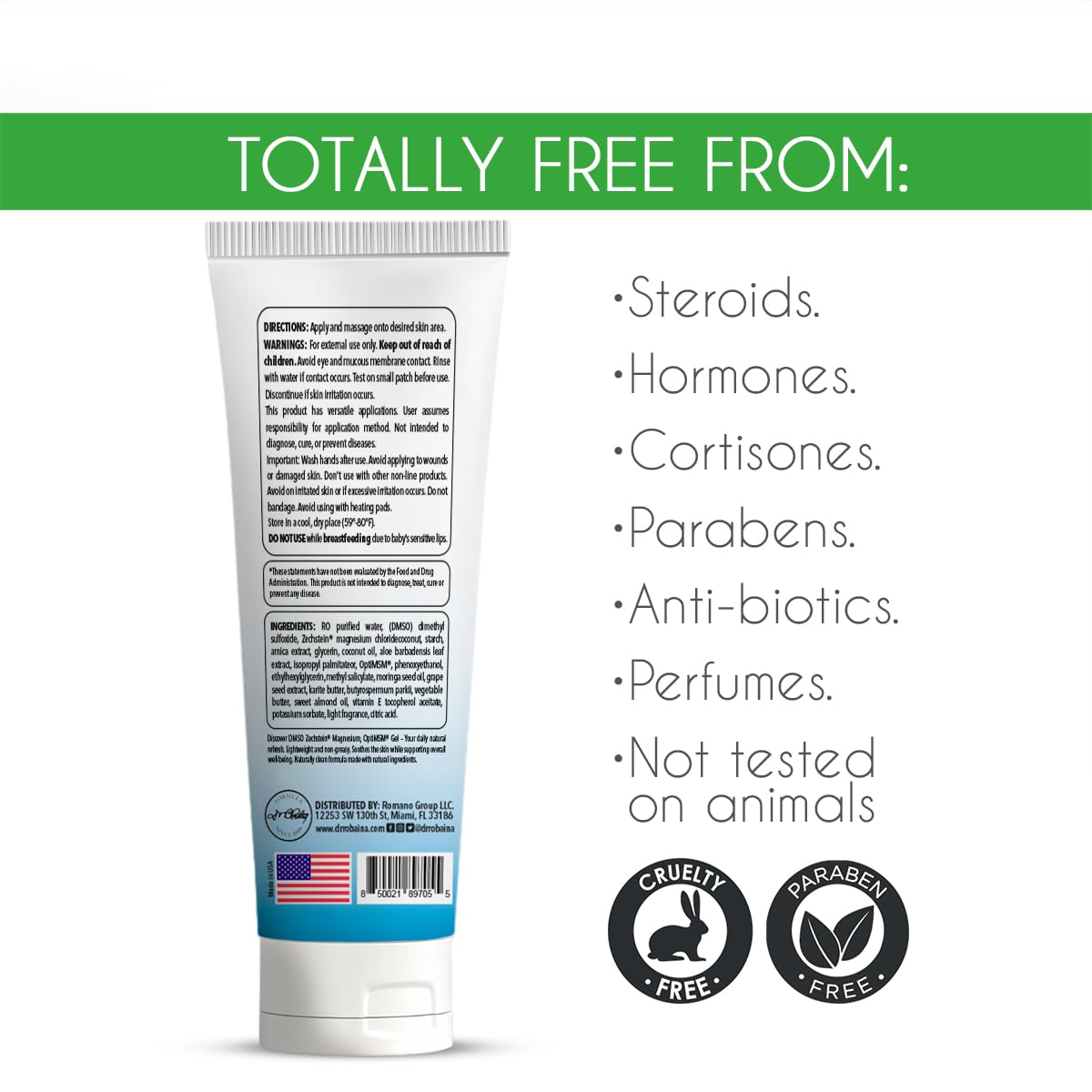 Dr. Robaina size scale with hand showing product dimensions and travel-friendly benefit