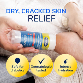 Dr. Scholl's applying balm to cracked heel demonstrating targeted repair and instant moisturization