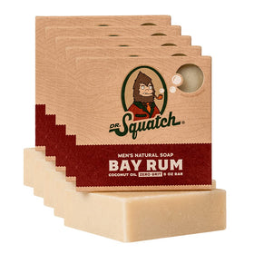 Dr. Squatch front packaging shows five bay rum bars and gifting appeal