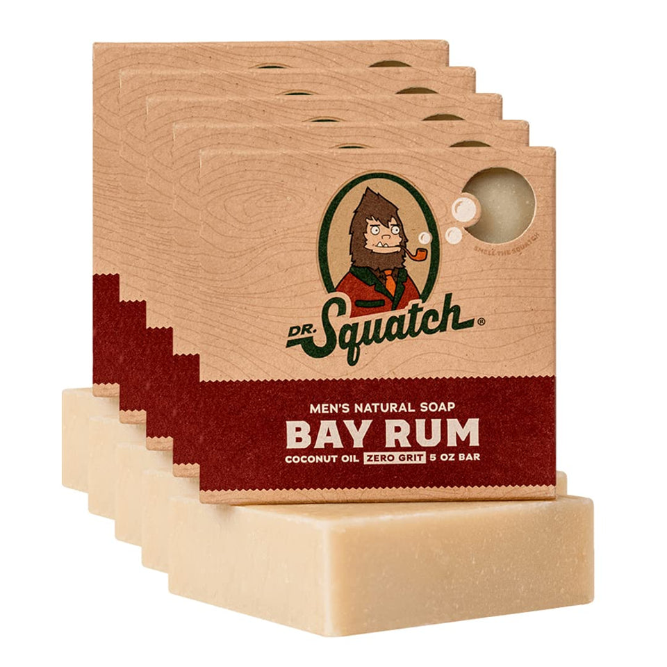 Dr. Squatch front packaging shows five bay rum bars and gifting appeal