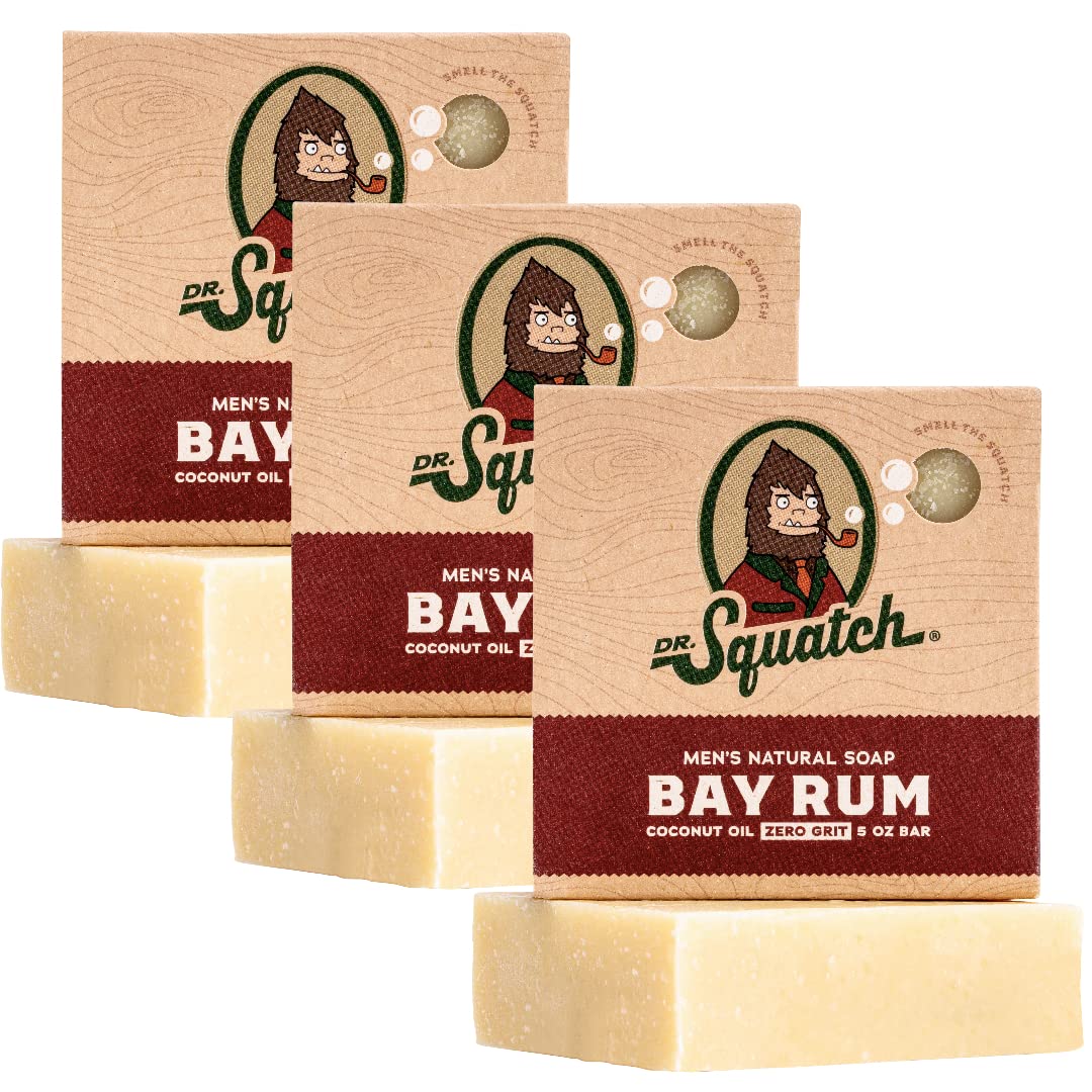 Dr. Squatch front packaging showing three Bay Rum bars and clear branding, great for gifting