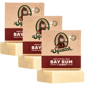 Dr. Squatch front packaging showing three Bay Rum bars and clear branding, great for gifting